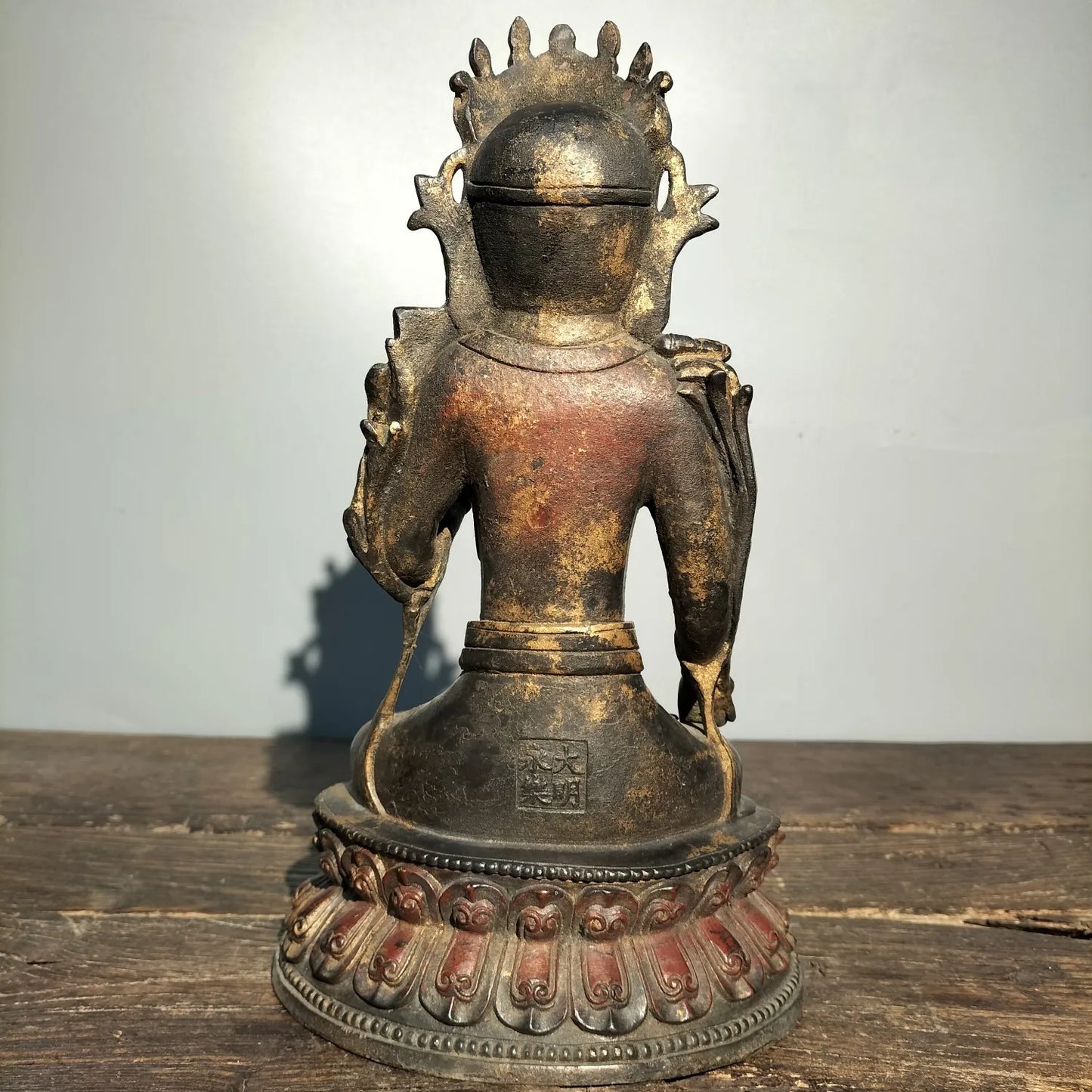 10"Tibetan Temple Collection Old Bronze Cinnabar mud gold Tara Bodhisattva Tibetan Buddha lotus platform ornament Town house