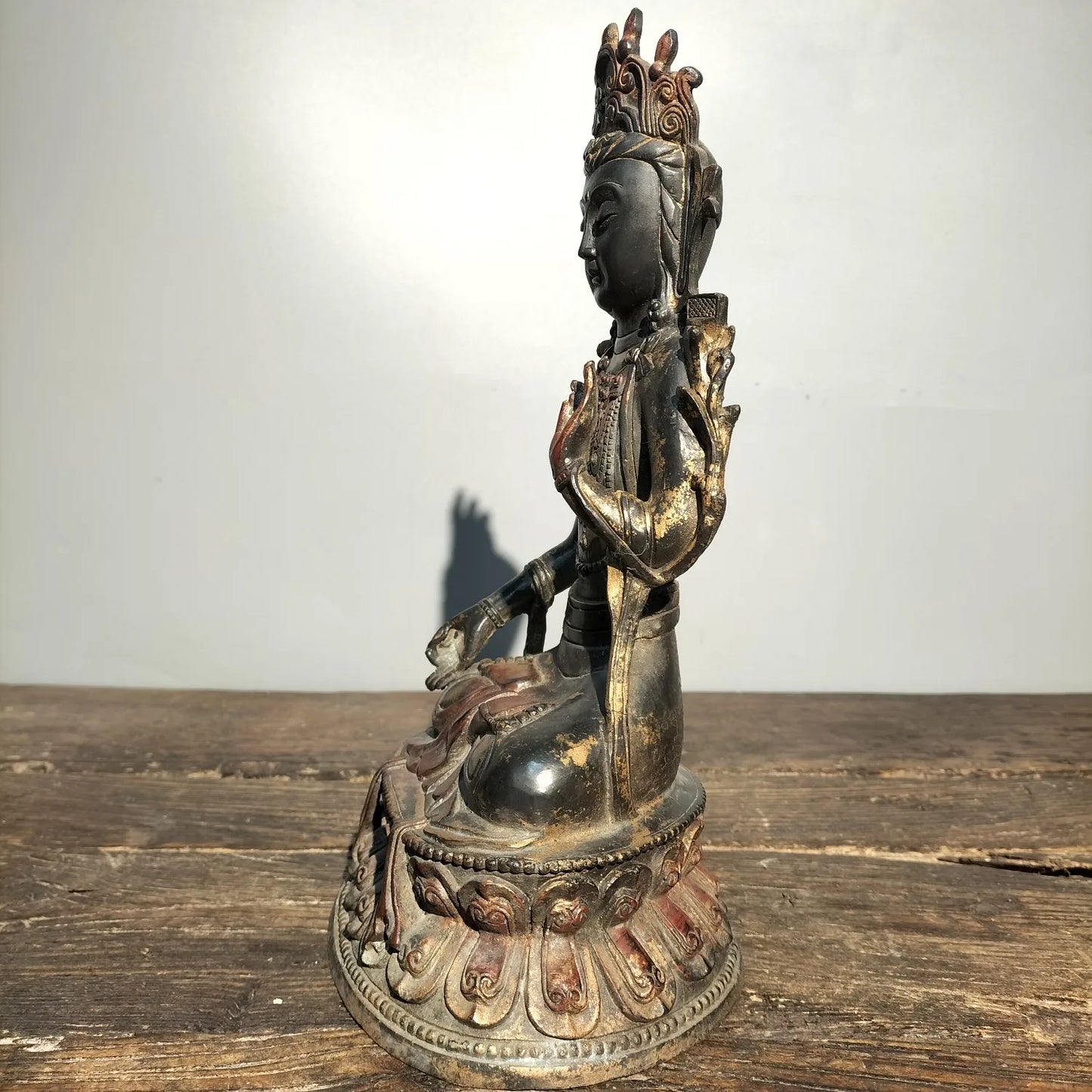 10"Tibetan Temple Collection Old Bronze Cinnabar mud gold Tara Bodhisattva Tibetan Buddha lotus platform ornament Town house