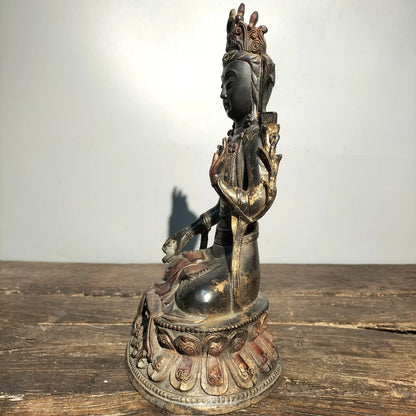 10"Tibetan Temple Collection Old Bronze Cinnabar mud gold Tara Bodhisattva Tibetan Buddha lotus platform ornament Town house