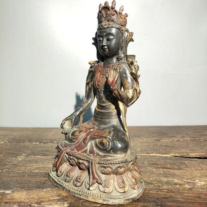 10"Tibetan Temple Collection Old Bronze Cinnabar mud gold Tara Bodhisattva Tibetan Buddha lotus platform ornament Town house