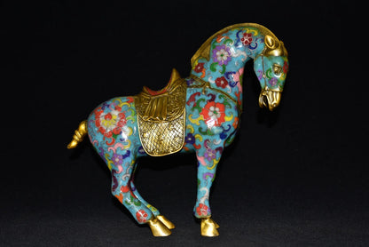 10"Tibetan Temple Collection Old Bronze Cloisonne Enamel Don Horse zodiac horse Lucky Horse Gather fortune ornament Town house