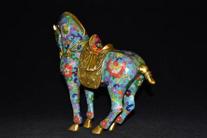 10"Tibetan Temple Collection Old Bronze Cloisonne Enamel Don Horse zodiac horse Lucky Horse Gather fortune ornament Town house