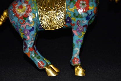 10"Tibetan Temple Collection Old Bronze Cloisonne Enamel Don Horse zodiac horse Lucky Horse Gather fortune ornament Town house