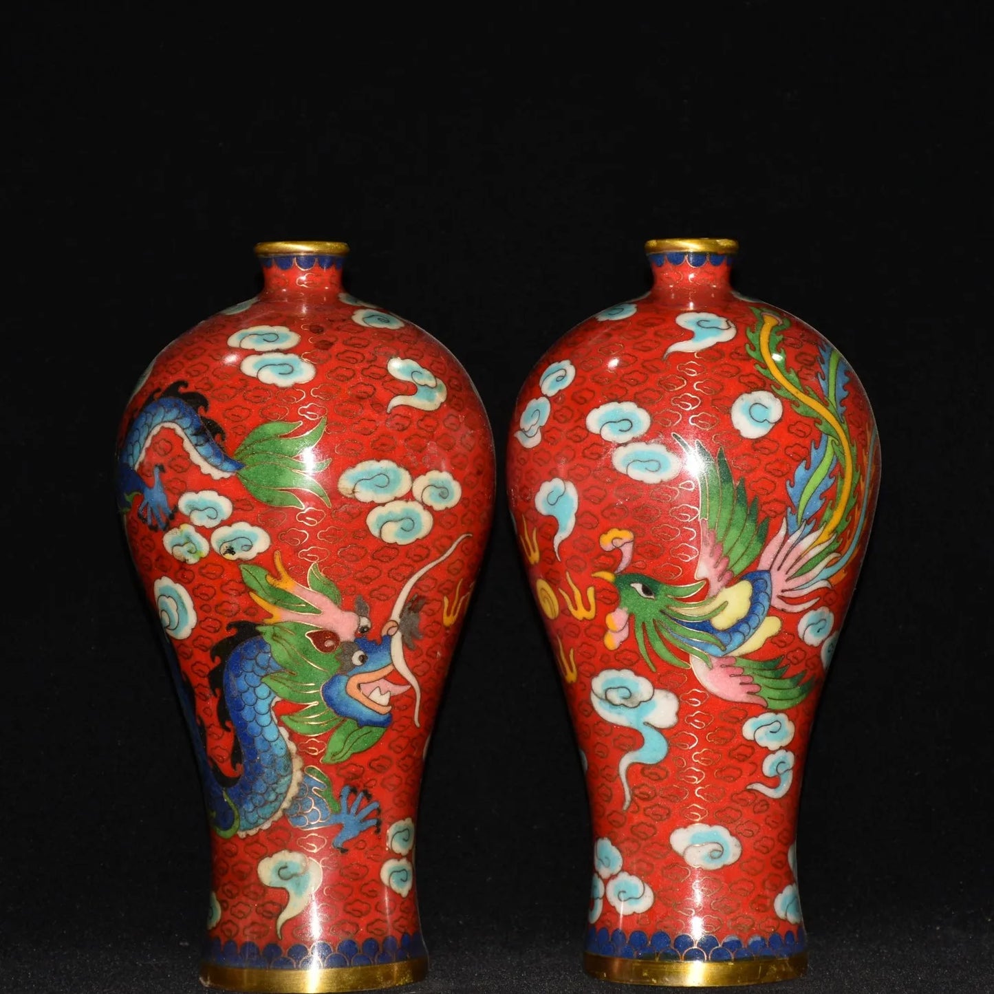 10"Tibetan Temple Collection Old Bronze Cloisonne Enamel Dragon Phoenix pattern Longevity bottle Vase A pair Ornaments