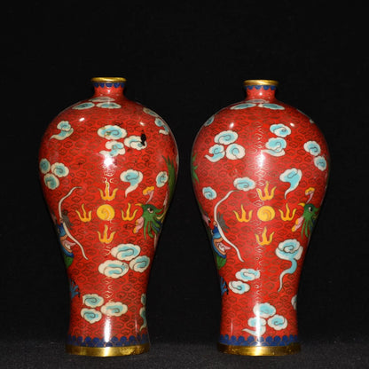 10"Tibetan Temple Collection Old Bronze Cloisonne Enamel Dragon Phoenix pattern Longevity bottle Vase A pair Ornaments