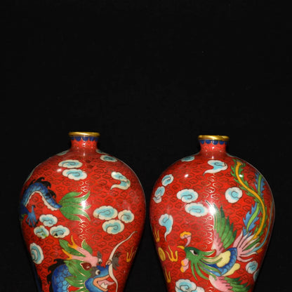 10"Tibetan Temple Collection Old Bronze Cloisonne Enamel Dragon Phoenix pattern Longevity bottle Vase A pair Ornaments
