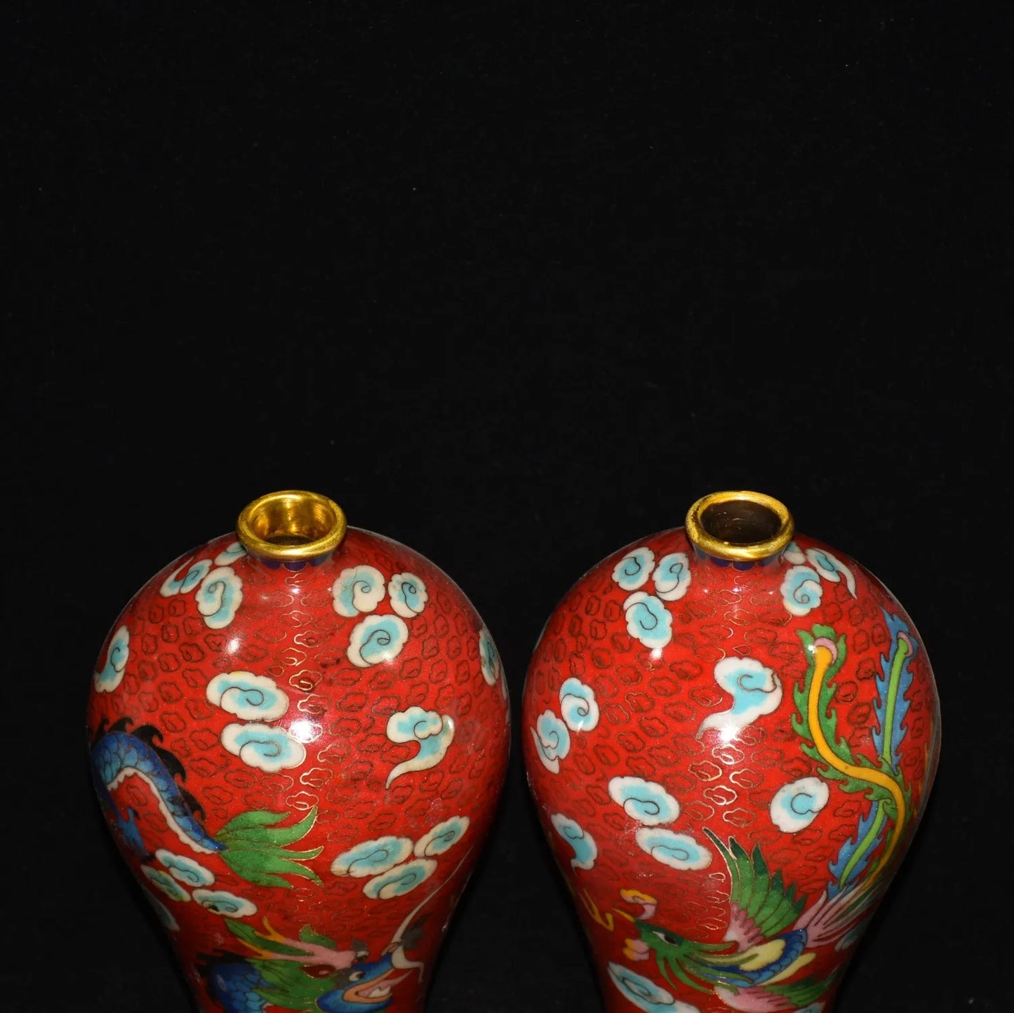 10"Tibetan Temple Collection Old Bronze Cloisonne Enamel Dragon Phoenix pattern Longevity bottle Vase A pair Ornaments