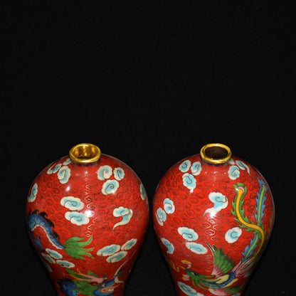 10"Tibetan Temple Collection Old Bronze Cloisonne Enamel Dragon Phoenix pattern Longevity bottle Vase A pair Ornaments