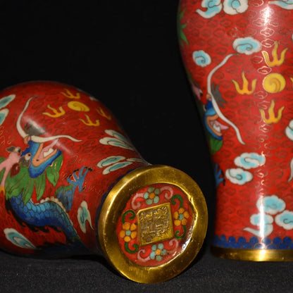 10"Tibetan Temple Collection Old Bronze Cloisonne Enamel Dragon Phoenix pattern Longevity bottle Vase A pair Ornaments