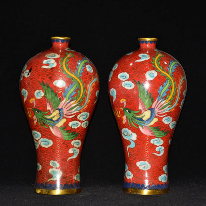 10"Tibetan Temple Collection Old Bronze Cloisonne Enamel Dragon Phoenix pattern Longevity bottle Vase A pair Ornaments