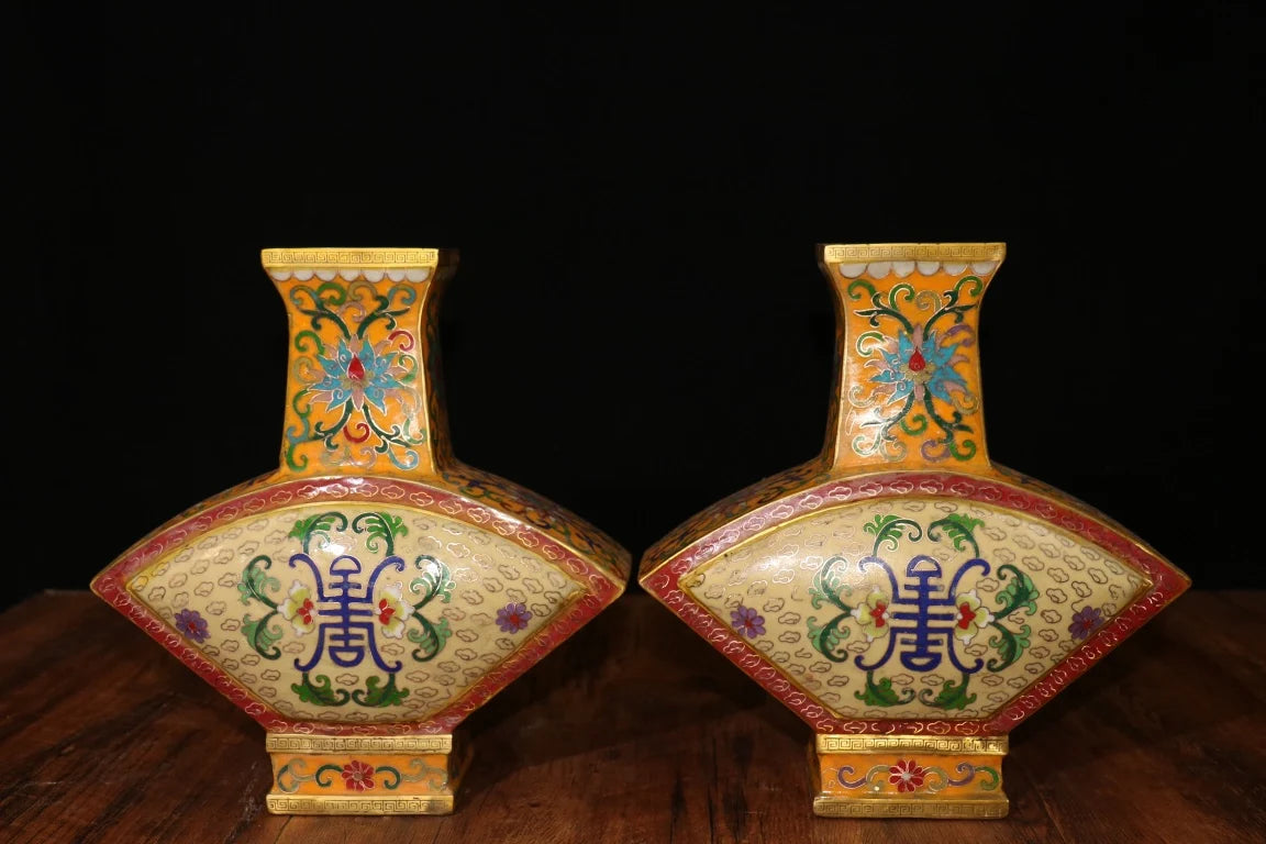 10"Tibetan Temple Collection Old Bronze Cloisonne Enamel Flower Texture Fan Bottle Longevity Vase Ornaments Amass wealth