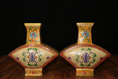 10"Tibetan Temple Collection Old Bronze Cloisonne Enamel Flower Texture Fan Bottle Longevity Vase Ornaments Amass wealth