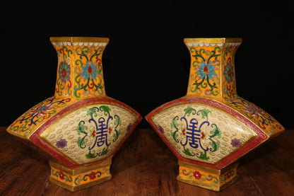 10"Tibetan Temple Collection Old Bronze Cloisonne Enamel Flower Texture Fan Bottle Longevity Vase Ornaments Amass wealth