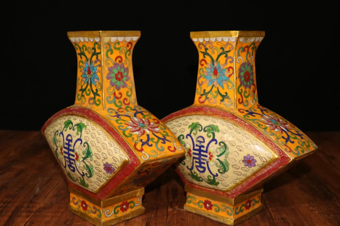 10"Tibetan Temple Collection Old Bronze Cloisonne Enamel Flower Texture Fan Bottle Longevity Vase Ornaments Amass wealth