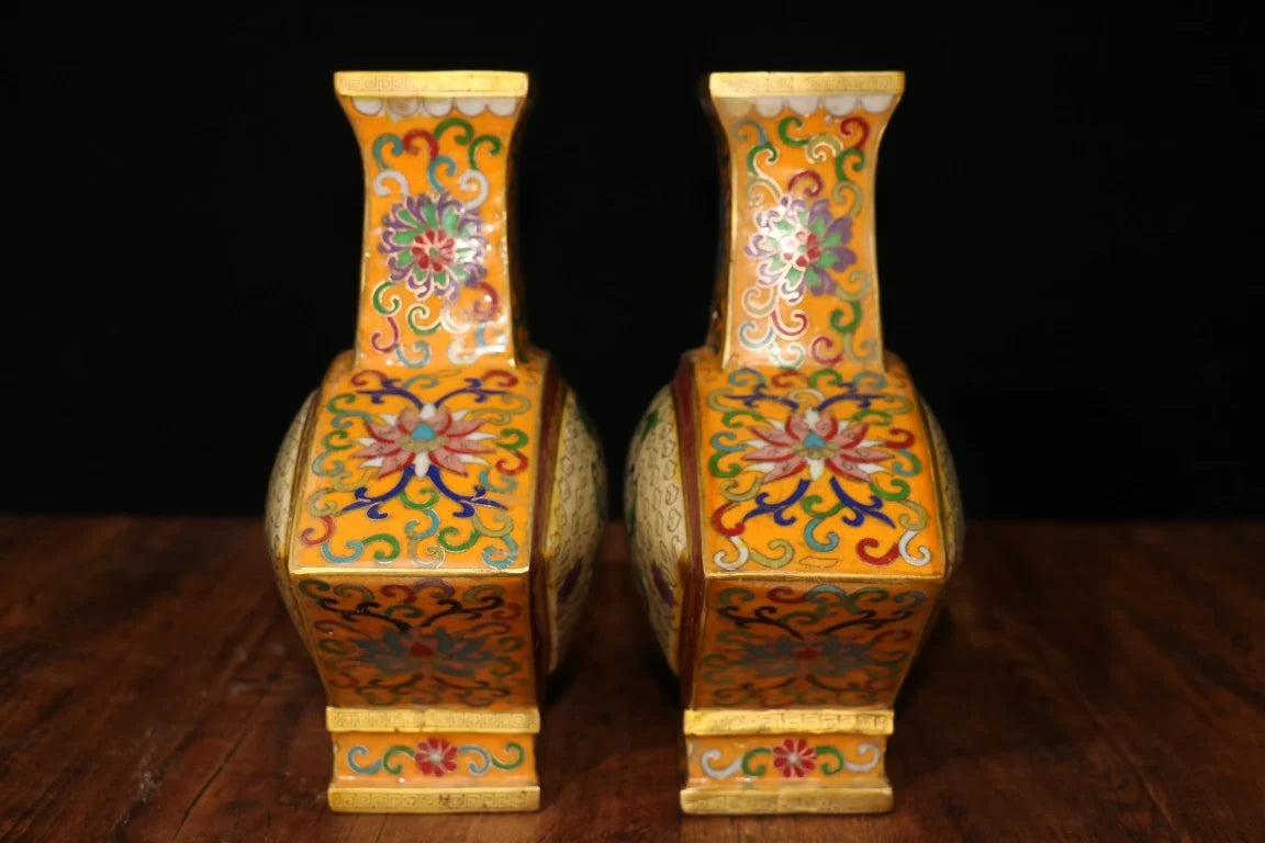 10"Tibetan Temple Collection Old Bronze Cloisonne Enamel Flower Texture Fan Bottle Longevity Vase Ornaments Amass wealth