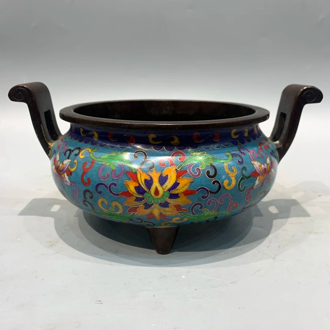 10"Tibetan Temple Collection Old Bronze Cloisonne Enamel Lotus Texture Ruyi Ear Three legged Furnace cauldron incense burner