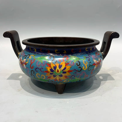 10"Tibetan Temple Collection Old Bronze Cloisonne Enamel Lotus Texture Ruyi Ear Three legged Furnace cauldron incense burner