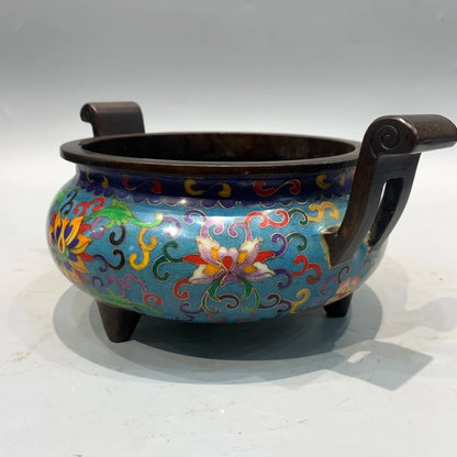 10"Tibetan Temple Collection Old Bronze Cloisonne Enamel Lotus Texture Ruyi Ear Three legged Furnace cauldron incense burner