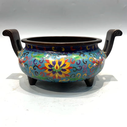 10"Tibetan Temple Collection Old Bronze Cloisonne Enamel Lotus Texture Ruyi Ear Three legged Furnace cauldron incense burner