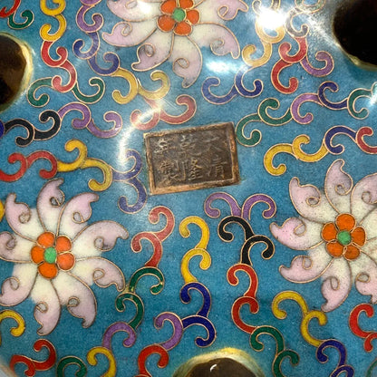 10"Tibetan Temple Collection Old Bronze Cloisonne Enamel Lotus Texture Ruyi Ear Three legged Furnace cauldron incense burner