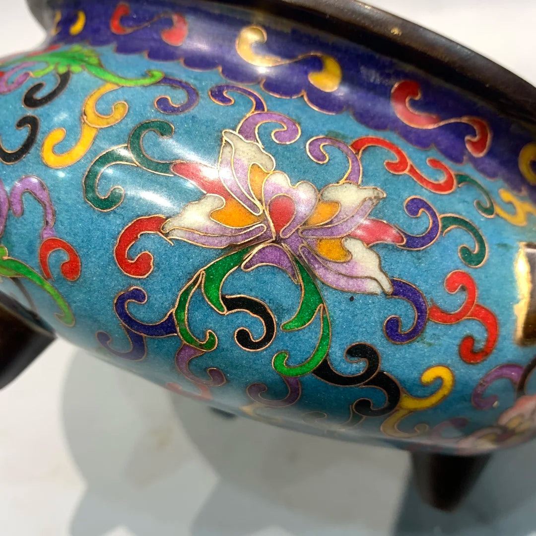 10"Tibetan Temple Collection Old Bronze Cloisonne Enamel Lotus Texture Ruyi Ear Three legged Furnace cauldron incense burner