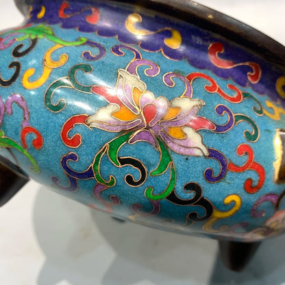 10"Tibetan Temple Collection Old Bronze Cloisonne Enamel Lotus Texture Ruyi Ear Three legged Furnace cauldron incense burner