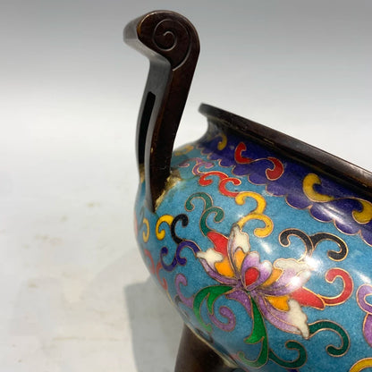 10"Tibetan Temple Collection Old Bronze Cloisonne Enamel Lotus Texture Ruyi Ear Three legged Furnace cauldron incense burner