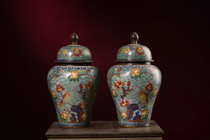 10"Tibetan Temple Collection Old Bronze Cloisonne Enamel Magpie Plum Blossom Texture General's jar Storage Jar A pair Ornaments