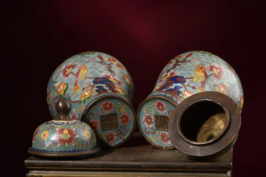 10"Tibetan Temple Collection Old Bronze Cloisonne Enamel Magpie Plum Blossom Texture General's jar Storage Jar A pair Ornaments
