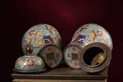 10"Tibetan Temple Collection Old Bronze Cloisonne Enamel Magpie Plum Blossom Texture General's jar Storage Jar A pair Ornaments