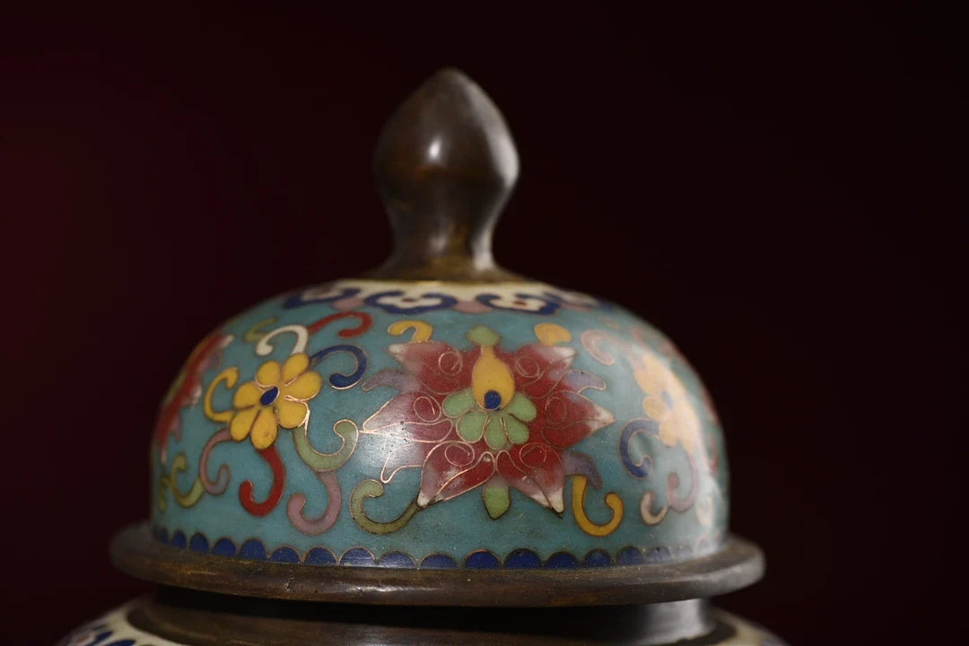 10"Tibetan Temple Collection Old Bronze Cloisonne Enamel Magpie Plum Blossom Texture General's jar Storage Jar A pair Ornaments