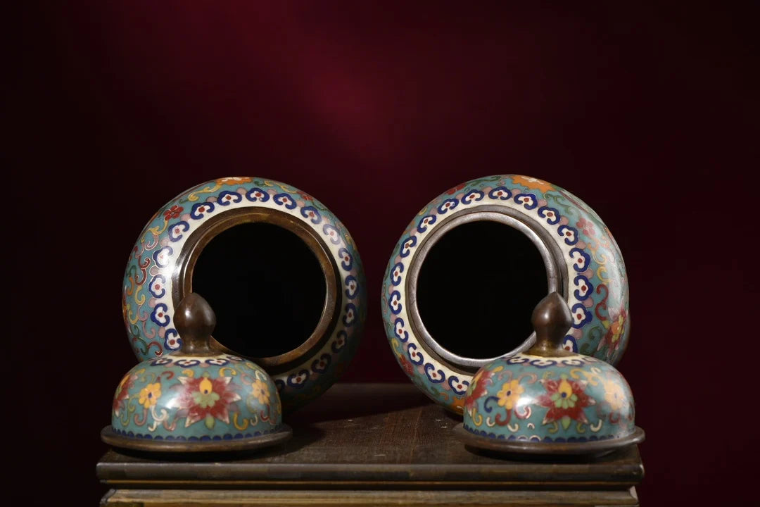 10"Tibetan Temple Collection Old Bronze Cloisonne Enamel Magpie Plum Blossom Texture General's jar Storage Jar A pair Ornaments