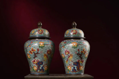 10"Tibetan Temple Collection Old Bronze Cloisonne Enamel Magpie Plum Blossom Texture General's jar Storage Jar A pair Ornaments