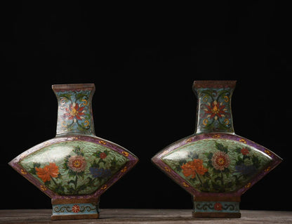 10"Tibetan Temple Collection Old Bronze Cloisonne Enamel Rich flowers Bloom Fan shaped Bottle Vase A pair Ornaments Town House