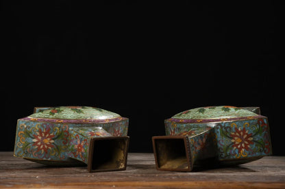 10"Tibetan Temple Collection Old Bronze Cloisonne Enamel Rich flowers Bloom Fan shaped Bottle Vase A pair Ornaments Town House