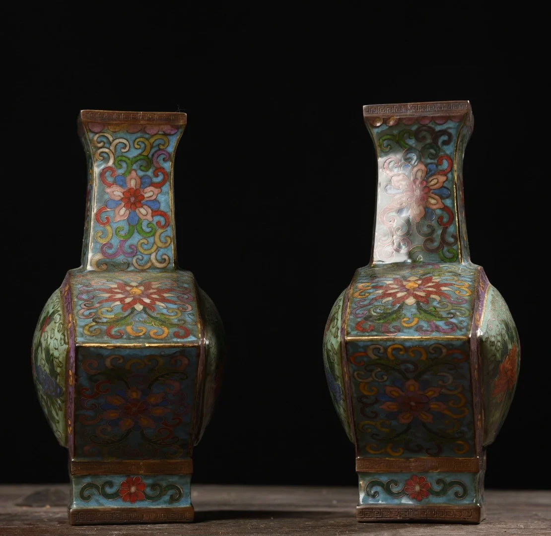 10"Tibetan Temple Collection Old Bronze Cloisonne Enamel Rich flowers Bloom Fan shaped Bottle Vase A pair Ornaments Town House
