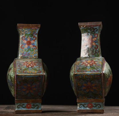 10"Tibetan Temple Collection Old Bronze Cloisonne Enamel Rich flowers Bloom Fan shaped Bottle Vase A pair Ornaments Town House