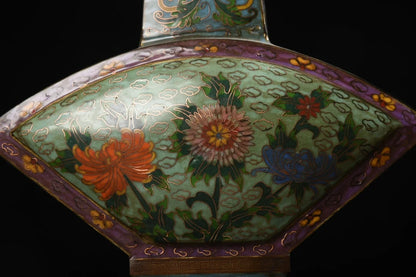 10"Tibetan Temple Collection Old Bronze Cloisonne Enamel Rich flowers Bloom Fan shaped Bottle Vase A pair Ornaments Town House