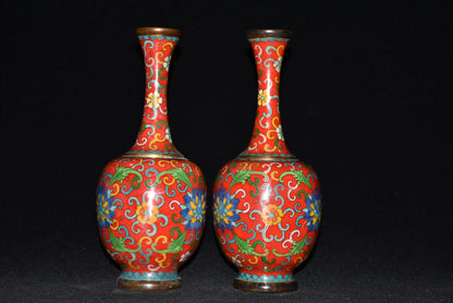 10"Tibetan Temple Collection Old Bronze Cloisonne Enamel bloom pot belly bottle vase Gather fortune ornament Town house