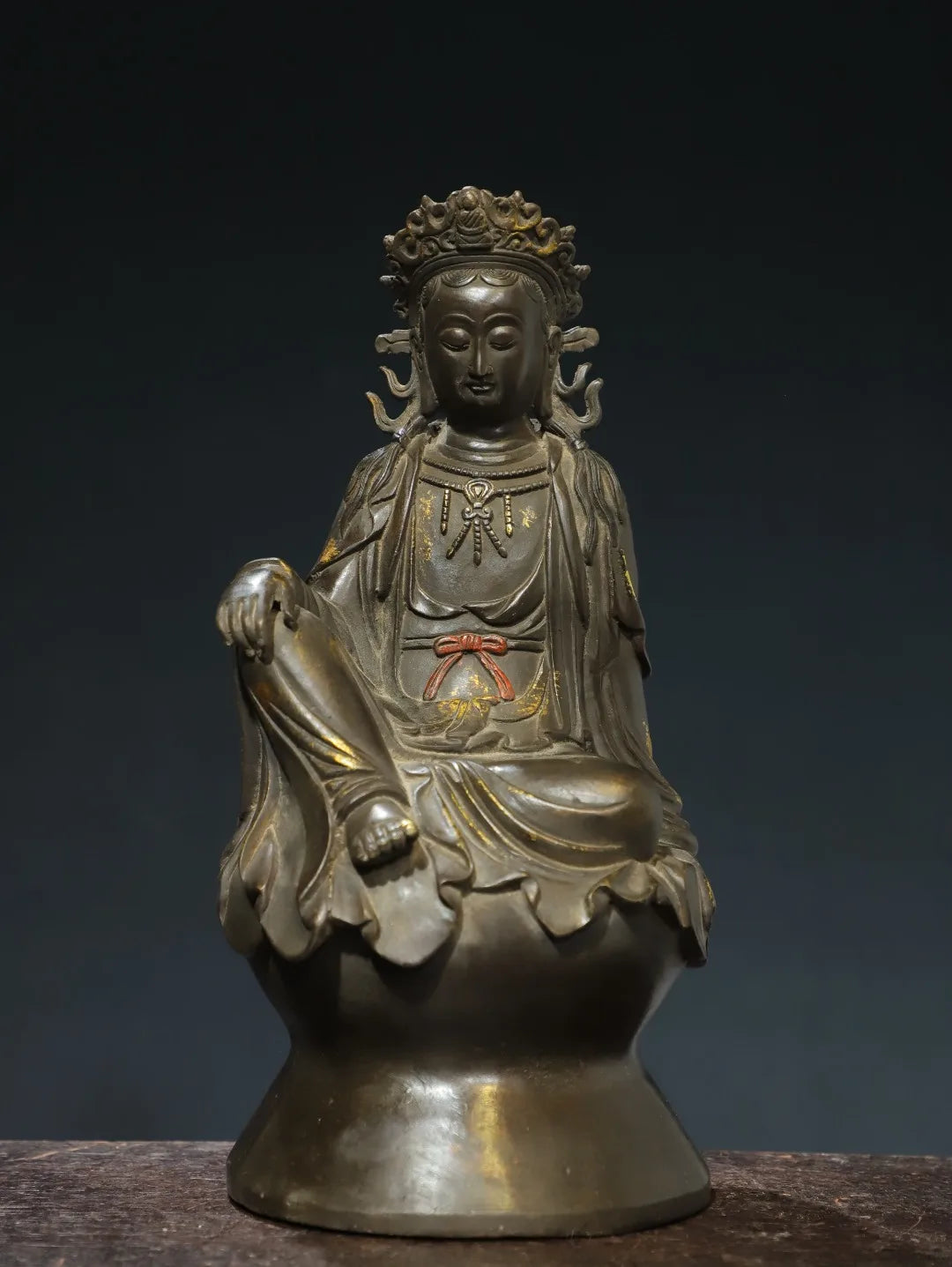 10"Tibetan Temple Collection Old Bronze Gilded Cinnabar Avalokitesvara Guanyin Sitting Buddha Lotus Terrace Worship Hall