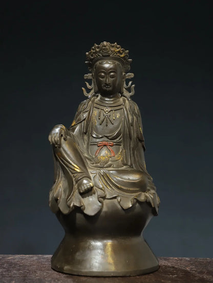 10"Tibetan Temple Collection Old Bronze Gilded Cinnabar Avalokitesvara Guanyin Sitting Buddha Lotus Terrace Worship Hall