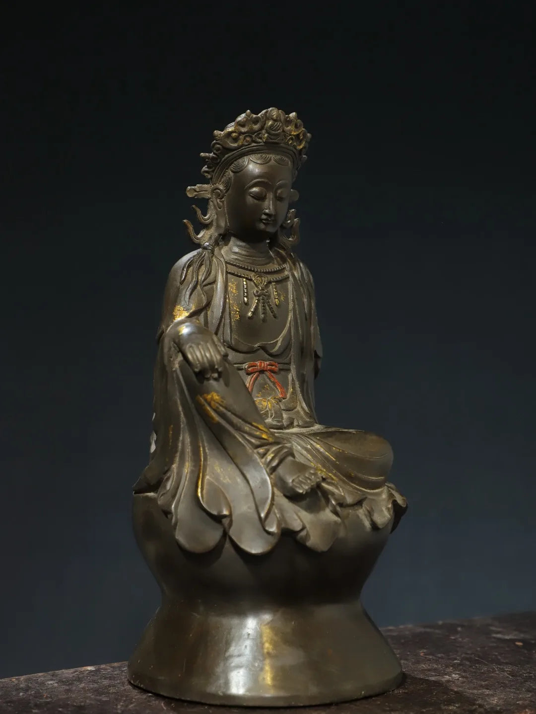 10"Tibetan Temple Collection Old Bronze Gilded Cinnabar Avalokitesvara Guanyin Sitting Buddha Lotus Terrace Worship Hall