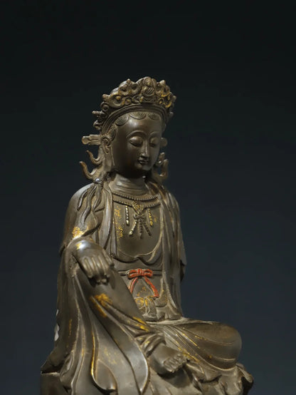 10"Tibetan Temple Collection Old Bronze Gilded Cinnabar Avalokitesvara Guanyin Sitting Buddha Lotus Terrace Worship Hall
