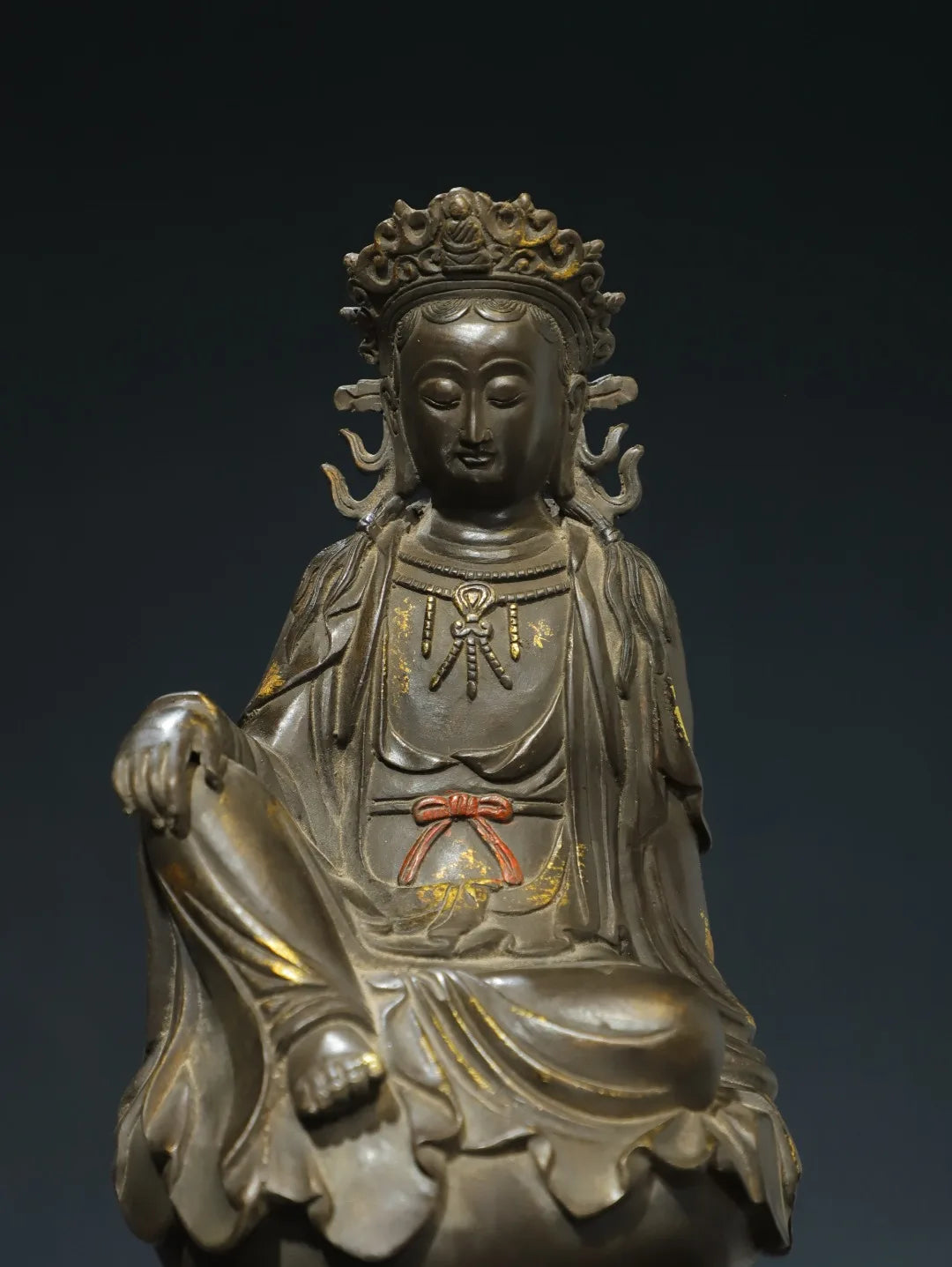 10"Tibetan Temple Collection Old Bronze Gilded Cinnabar Avalokitesvara Guanyin Sitting Buddha Lotus Terrace Worship Hall