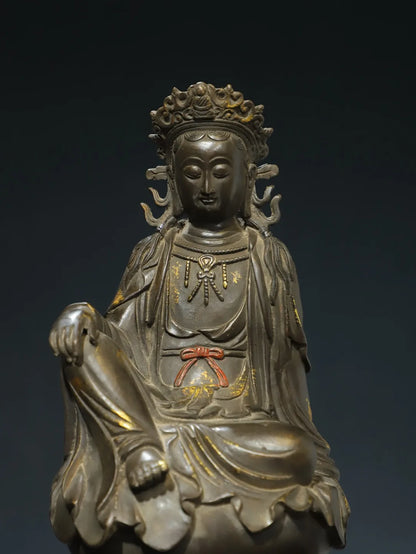 10"Tibetan Temple Collection Old Bronze Gilded Cinnabar Avalokitesvara Guanyin Sitting Buddha Lotus Terrace Worship Hall