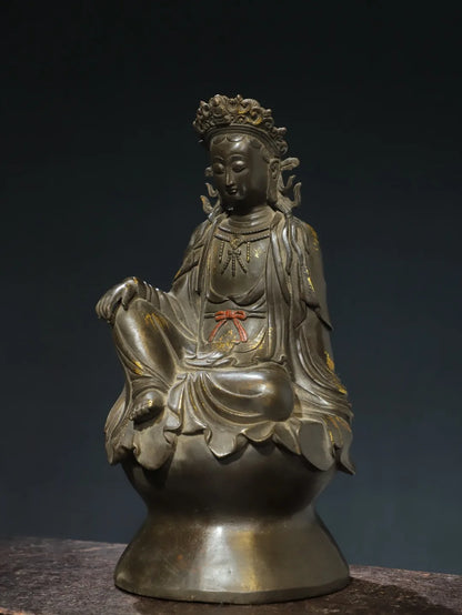 10"Tibetan Temple Collection Old Bronze Gilded Cinnabar Avalokitesvara Guanyin Sitting Buddha Lotus Terrace Worship Hall