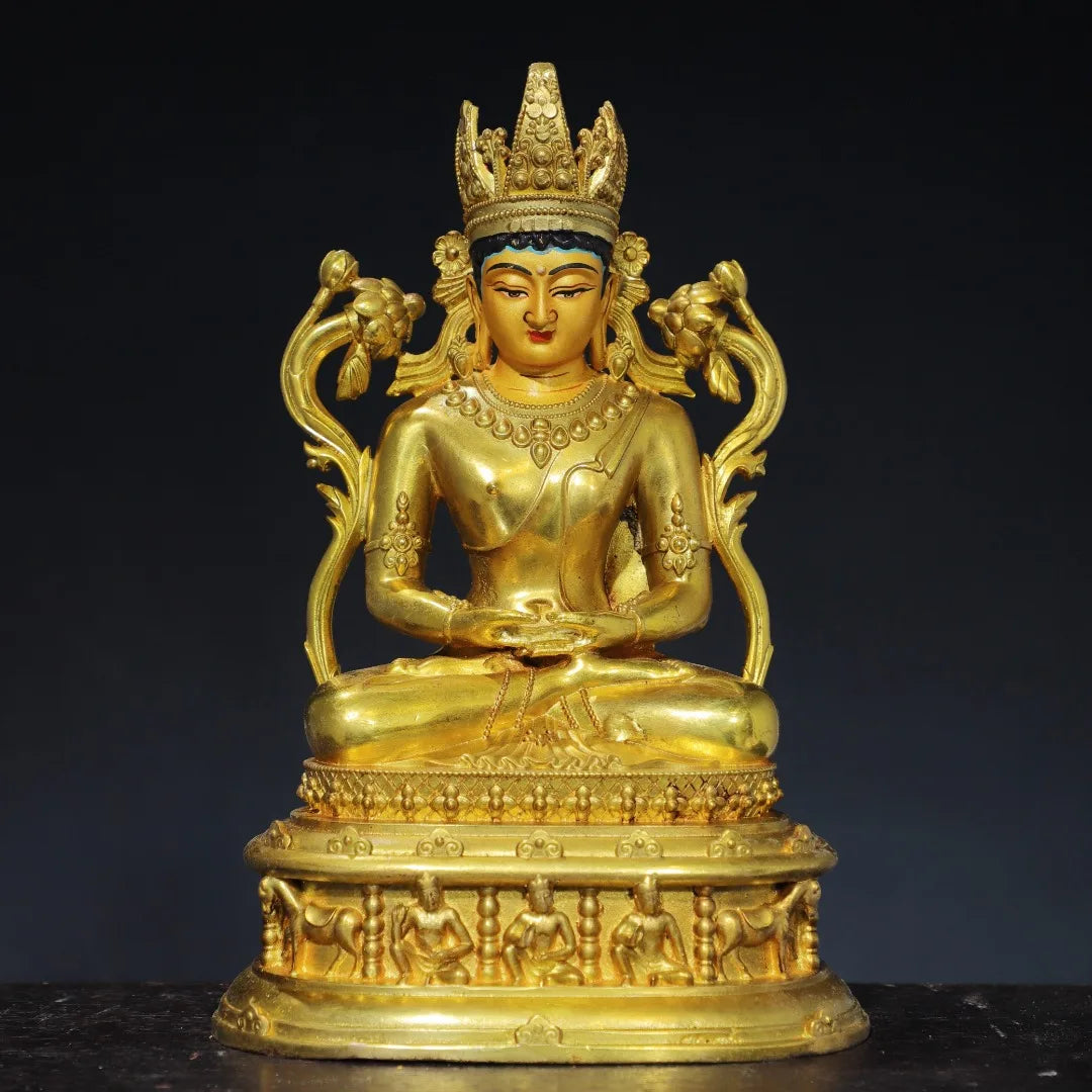 10"Tibetan Temple Collection Old Bronze Gilded Painted Face Amitayus Longevity Sitting Buddha Lotus Platform Worship Hall