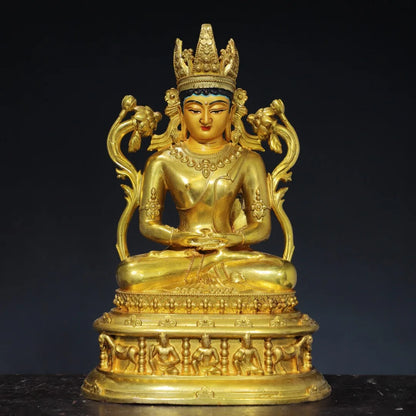 10"Tibetan Temple Collection Old Bronze Gilded Painted Face Amitayus Longevity Sitting Buddha Lotus Platform Worship Hall