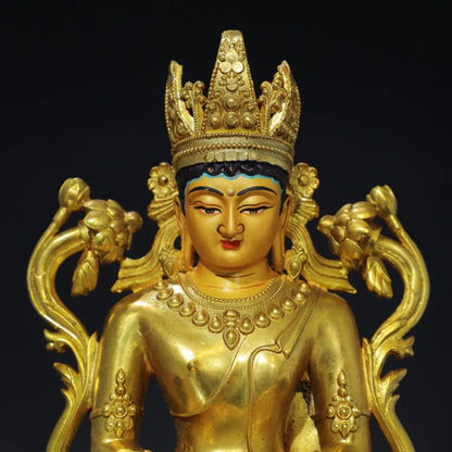 10"Tibetan Temple Collection Old Bronze Gilded Painted Face Amitayus Longevity Sitting Buddha Lotus Platform Worship Hall