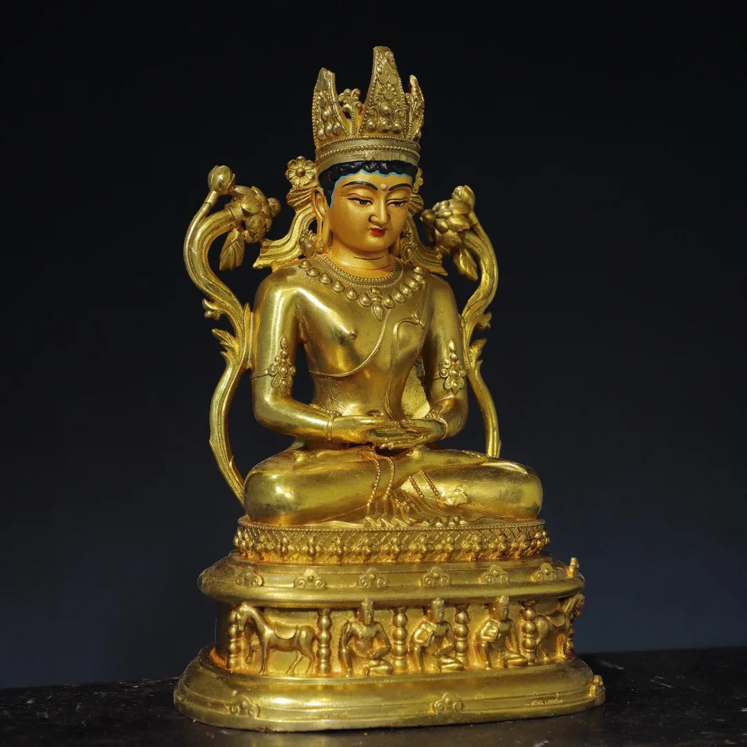10"Tibetan Temple Collection Old Bronze Gilded Painted Face Amitayus Longevity Sitting Buddha Lotus Platform Worship Hall